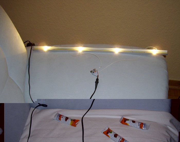 DSCI0041_cut.jpg (487.24 KiB) 16594 mal betrachtet LED-Leiste testweise auf dem Sofa, mit den Schoko-Riegeln habe ich 3 der 4 LEDs über eine Stunde lang abgedeckt --- sie sind nicht geschmolzen, nichtmal weich geworden, das Alu-U-profil erreicht nichtmal Körpertemperatur (350 mA durch die LEDs, alle 20 cm eine LED, U-Profil 20mm breit, Kanten 10 mm, Stärke 2 mm