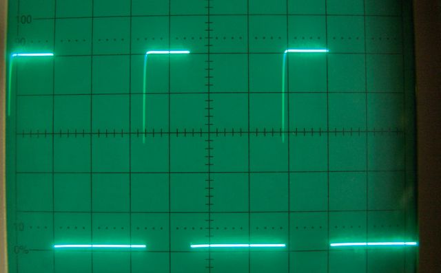 Ausgang Lauflichtschaltung<br />Einstellungen:<br />- Time Div.: 2 ms<br />- Volts Div.: 1 V