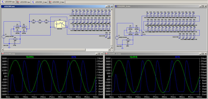 Schaltung mit LTspice nachgebaut.<br />V (grün) ist die Eingangsspannung<br />I (blau) ist der Strom durch die Dioden